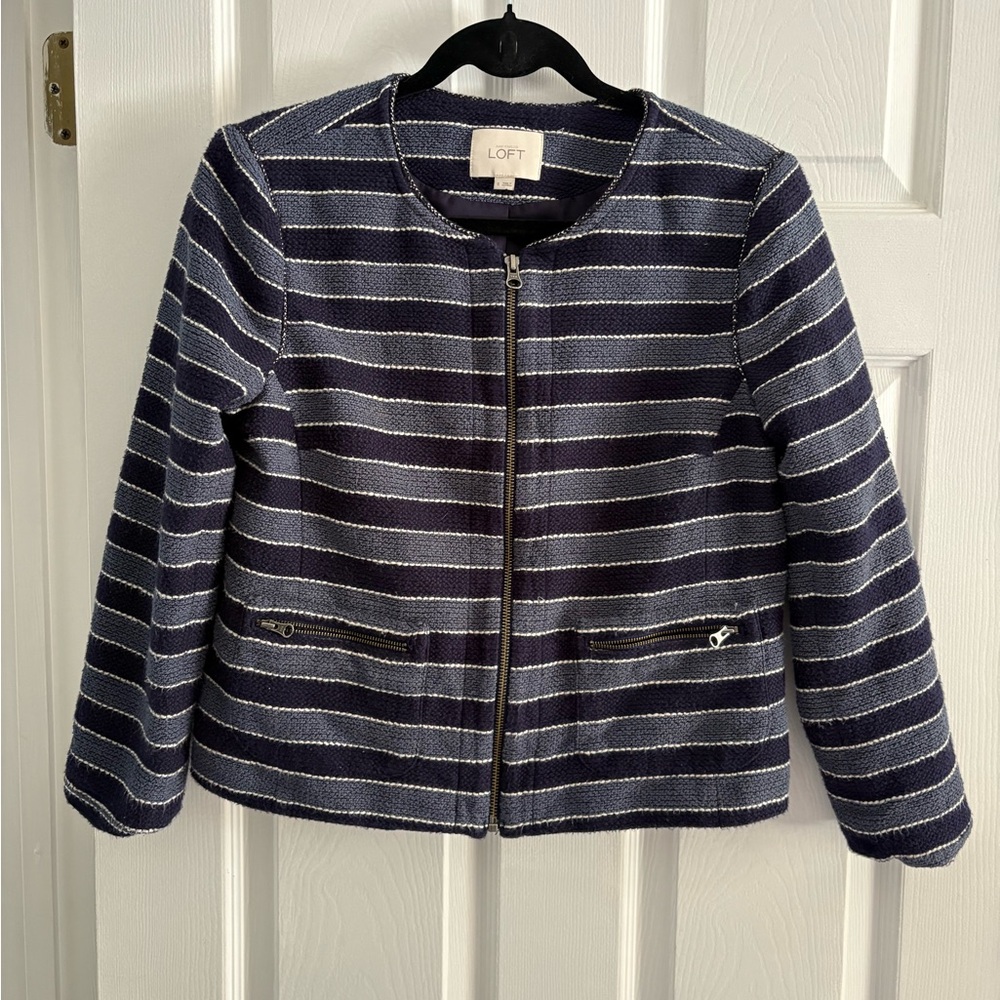 LOFT Navy & Blue-Gray Striped Textured Zip Jacket Blazer Size 8